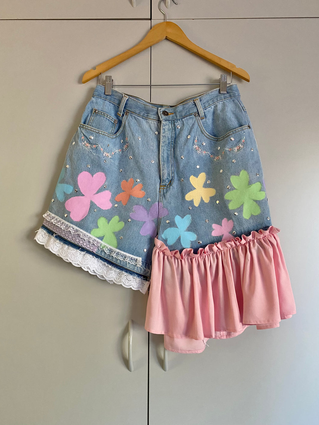 Reworked Denim Clover Skirt - 29”/75cm waist