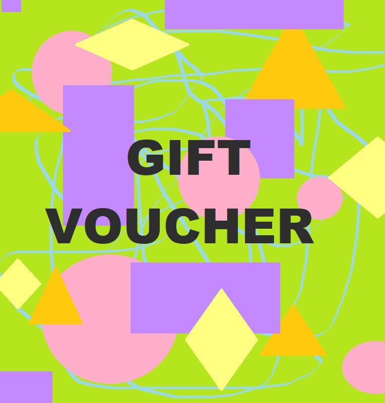 GIFT VOUCHER in bold text with a multicoloured pattern background