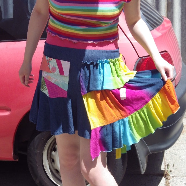 Reworked Vintage Rainbow and Denim Still Positive Miniskirt - XS/S