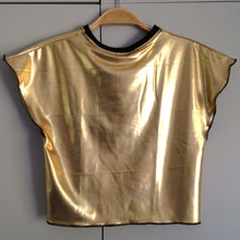 Load image into Gallery viewer, metallic gold crop t shirt with black neck rib.
