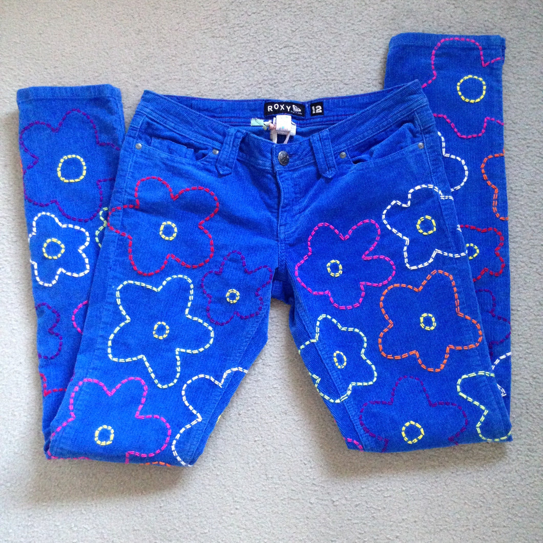 Hand Embroidered Blue Roxy Pants in Big Bloom - 30