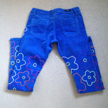 Load image into Gallery viewer, Hand Embroidered Blue Roxy Pants in Big Bloom - 30&quot;
