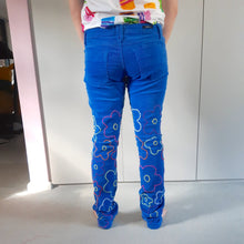Load image into Gallery viewer, Hand Embroidered Blue Roxy Pants in Big Bloom - 30&quot;
