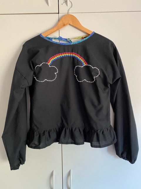 Hand Embroidered Ingrid Top in Black with Rainbow - XS to XL Made To Order