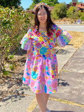 Load image into Gallery viewer, Multicoloured pastel dress with various patterns, frilly sleeves and contrast pockets
